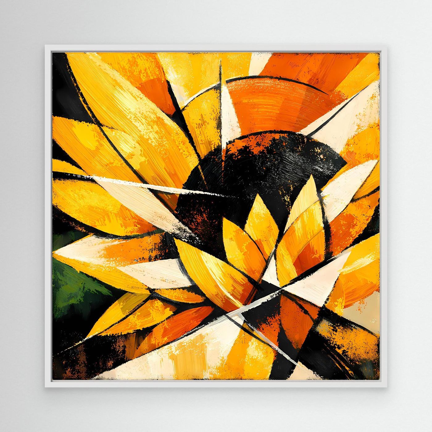 Abstraktes Leinwandbild Sonnenblume mit weißem Rahmen: gelbe und orange Blüten, schwarzer Kern, weiße Striche