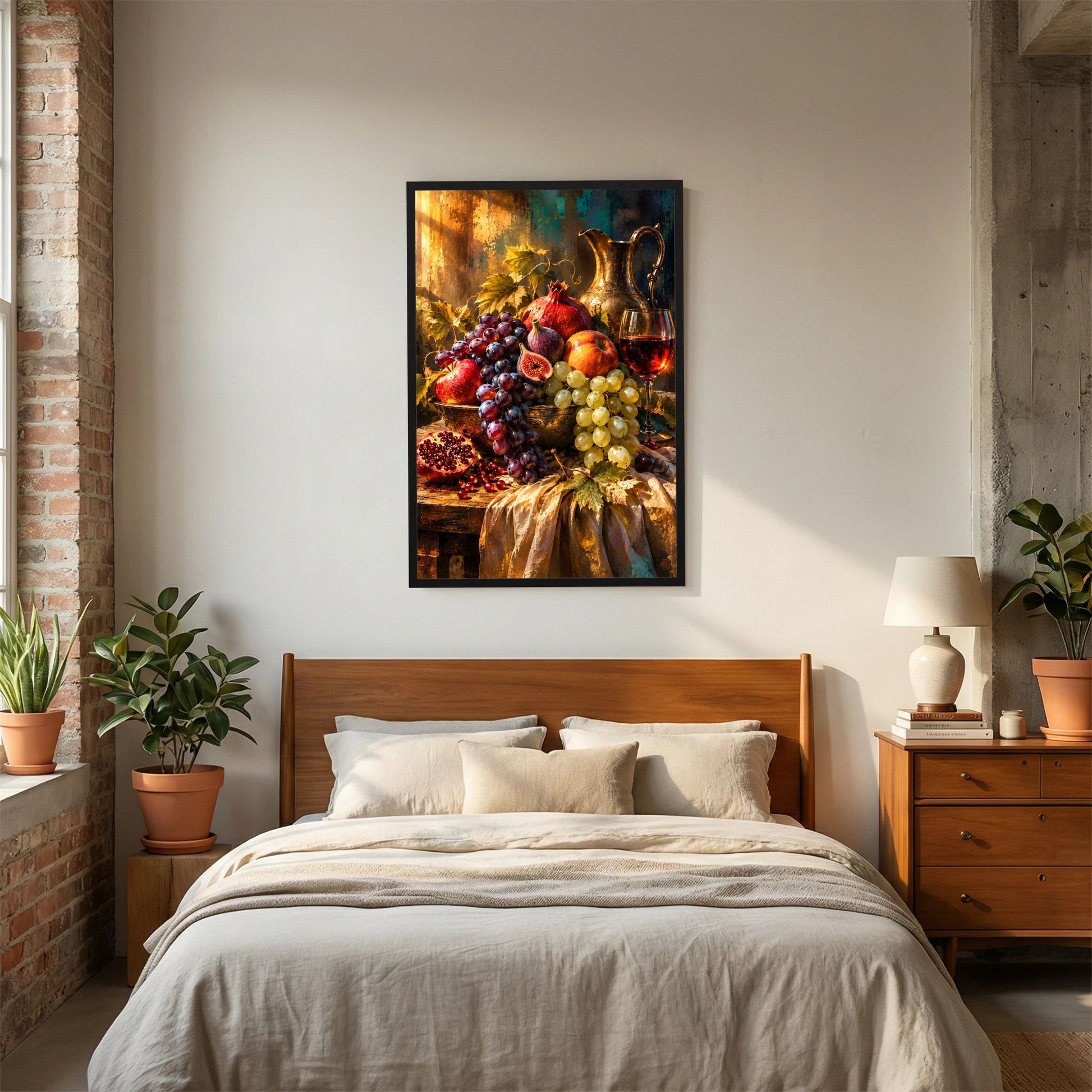 Hochformatiges Poster mit Trauben, Feigen, Granatapfel und Wein im schwarzen Rahmen.