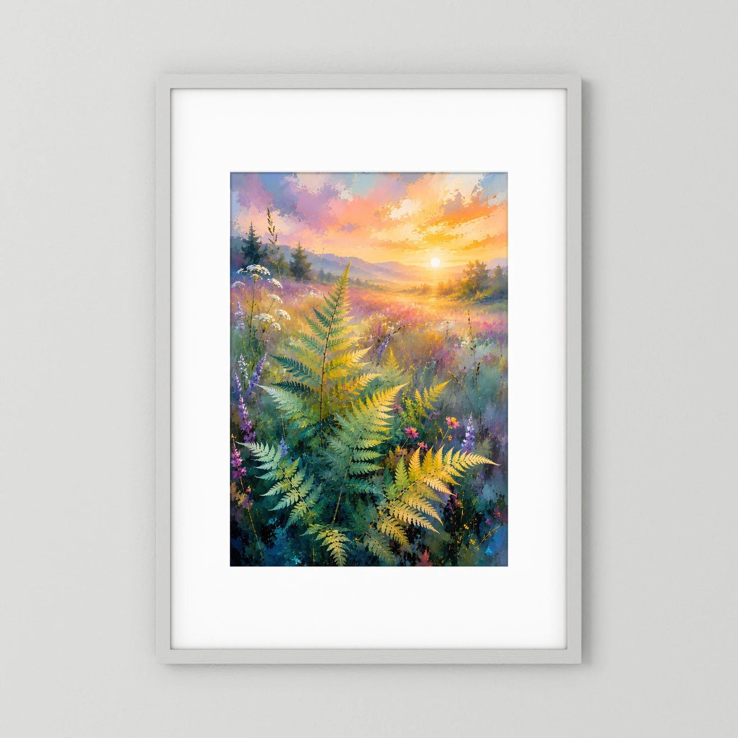 Gerahmtes Naturposter, hochkant, abstrakte Farnlandschaft in Pastellfarben