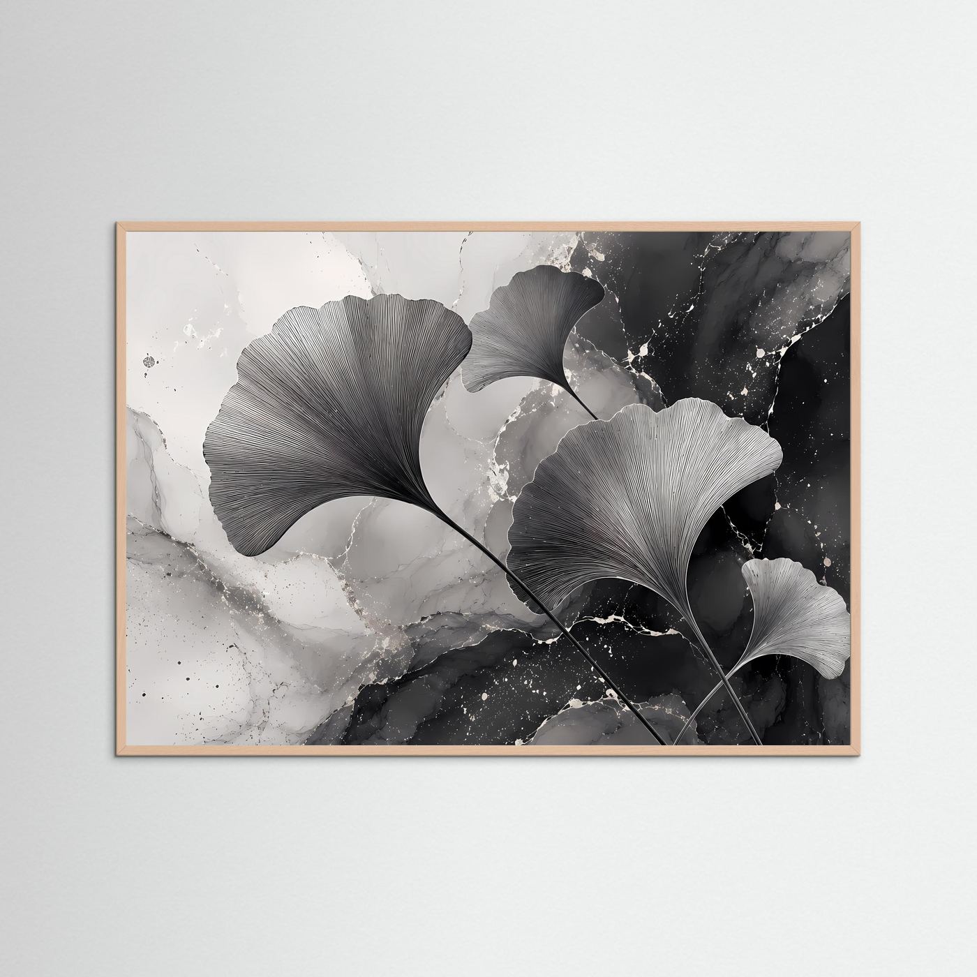 Ginkgo-Blätter Schwarz-Weiß | Modernes Botanisches Wandbild im minimalistischen Stil