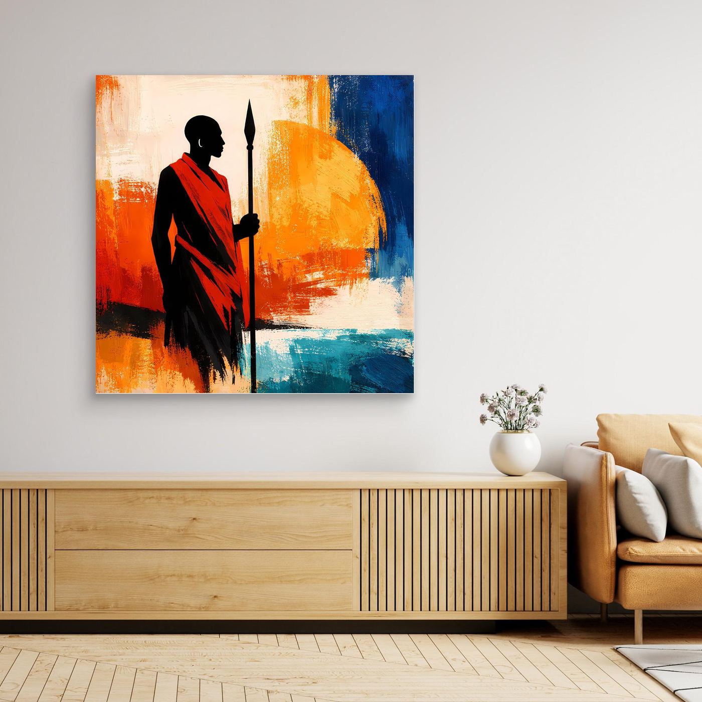 Leinwand Afrikanischer Krieger bei Sonnenuntergang | Modernes Ethno Silhouette Wandbild