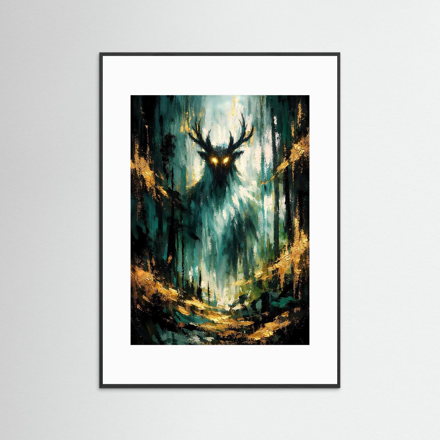 Waldgeist-Poster im schwarzen Rahmen mit weißem Passepartout, leuchtender Hirschkopf