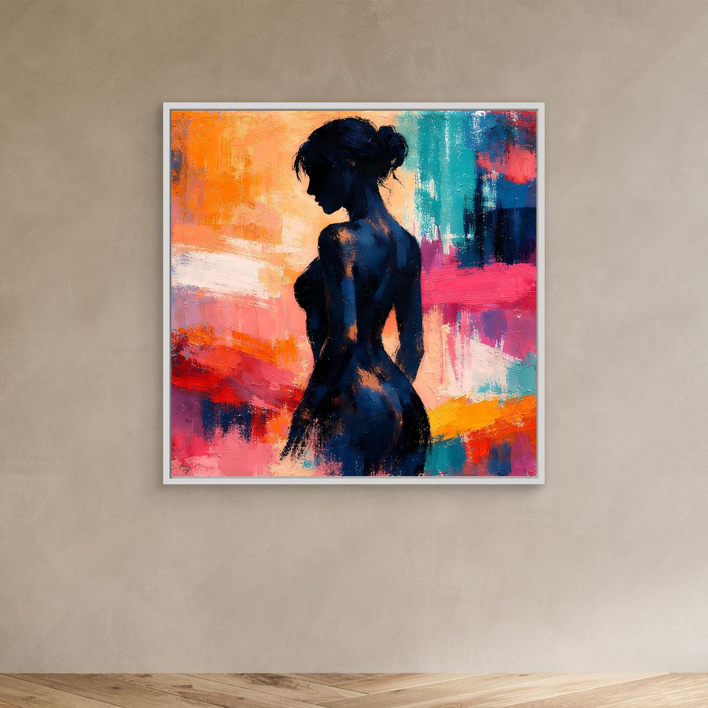Gerahmtes Leinwandbild mit Frauensilhouette in Dunkelblau und bunten Pinselstrichen.