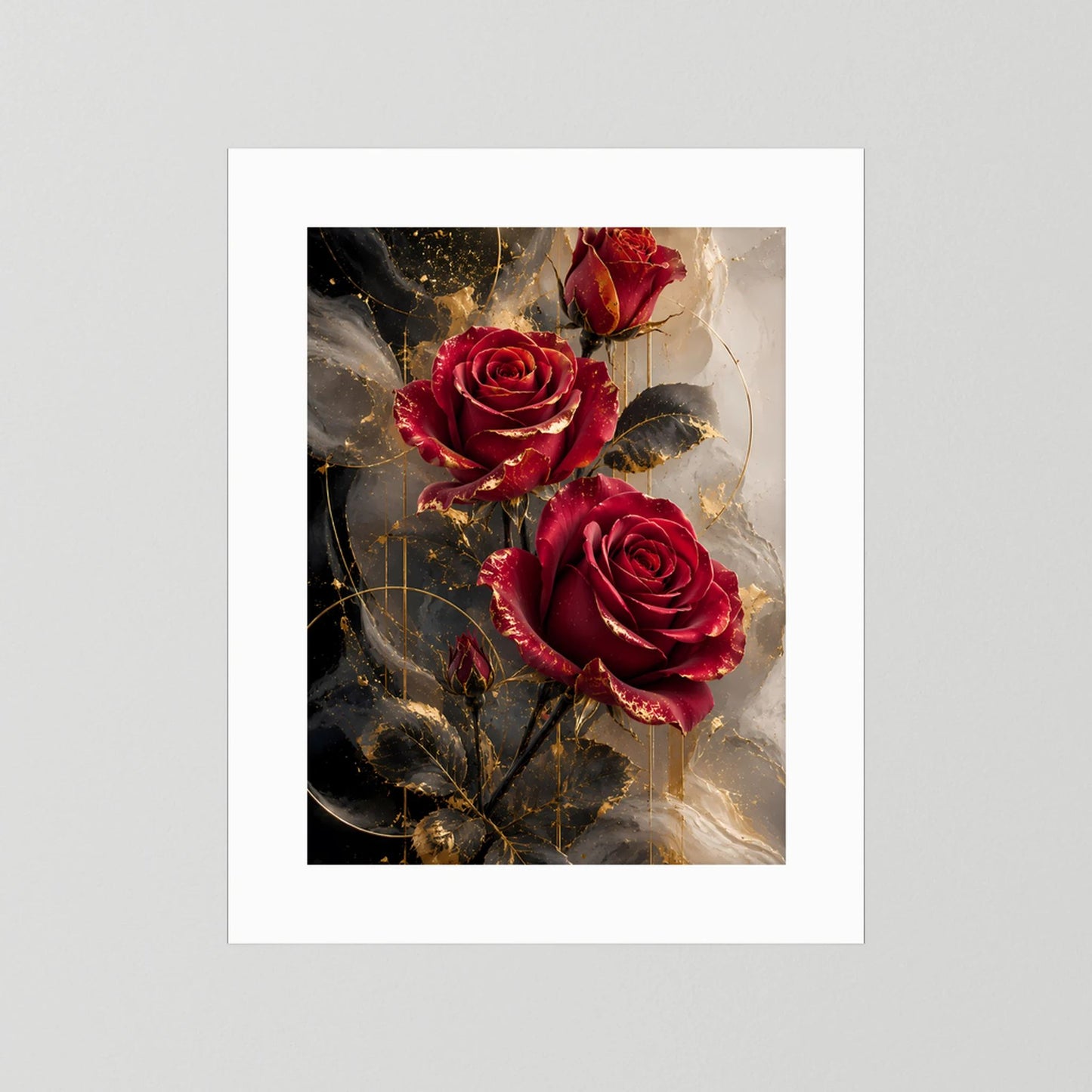 Hochformat-Poster mit drei rubinroten Rosen, goldenen Sprenkeln und dunklem Blattwerk