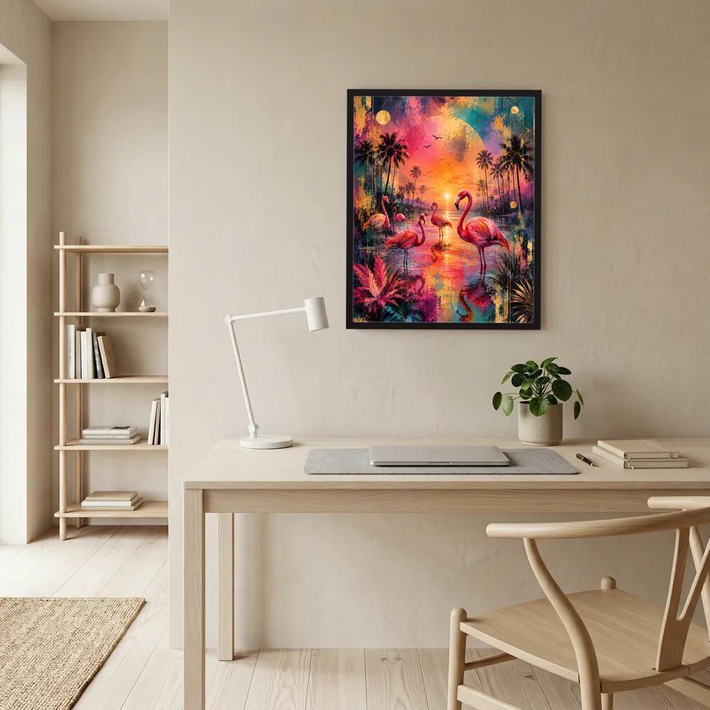 Gerahmtes Poster mit Flamingos im tropischen Sonnenuntergang, buntes Tierkunstmotiv