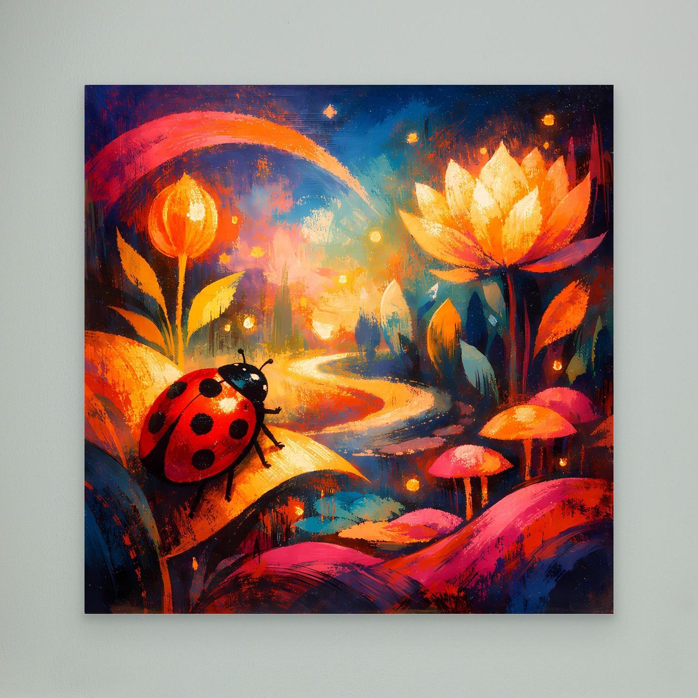 Leinwand-Wandbild mit Marienkäfer auf buntem Pfad und leuchtender Lotusblüte, rahmenlos