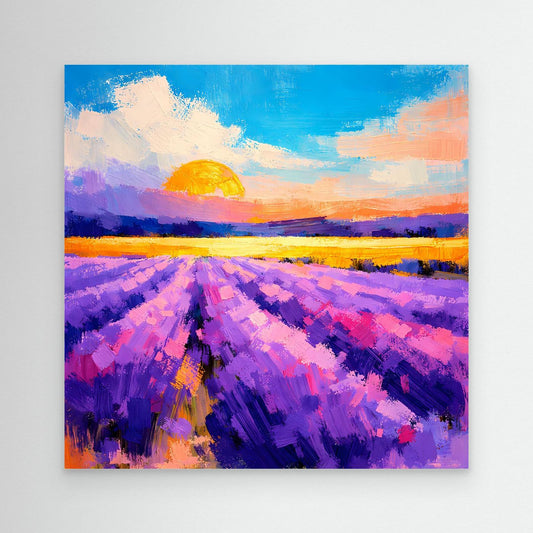 Abstraktes Leinwandbild mit Lavendelfeld bei Sonnenuntergang, buntes Farbspiel und Pinselstriche