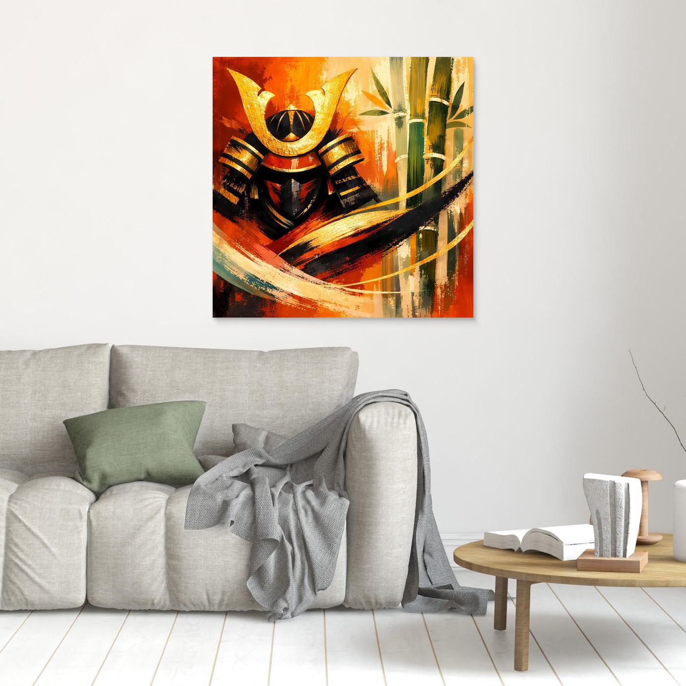Quadratisches Leinwandbild mit Samurai und Bambus, Goldhelm, orange-grüne Farbflächen, heller Holzrahmen