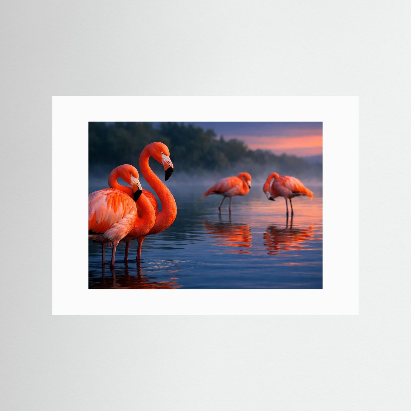 Flamingo-Schwarm im Abendrot als Panorama-Poster mit weißem Rand, Querformat