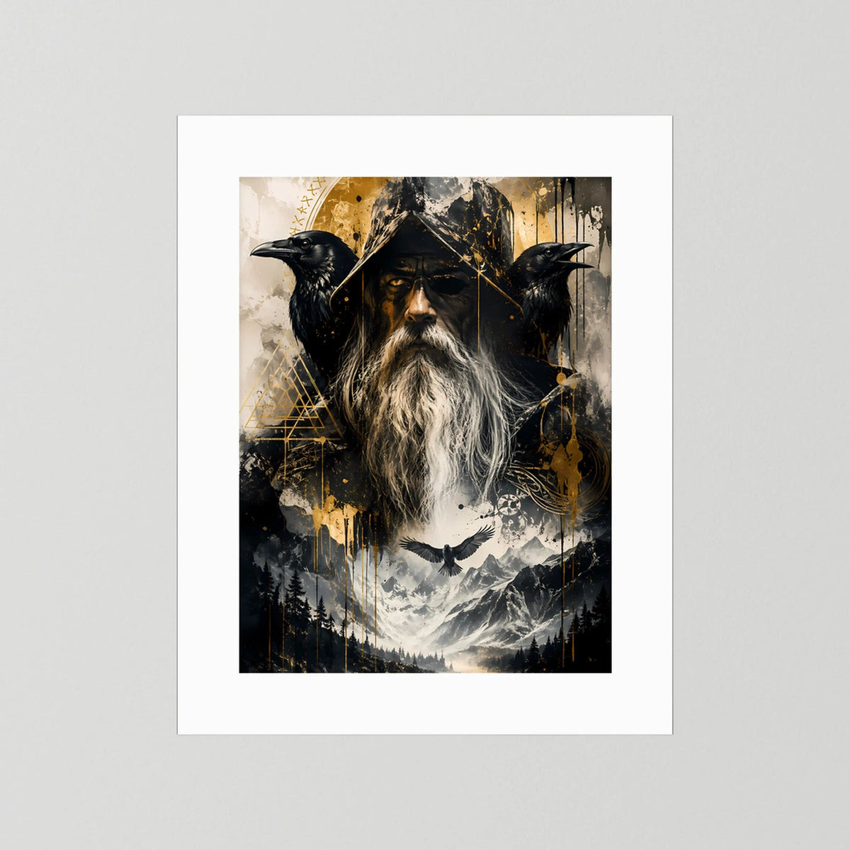Fantasy-Poster mit weißem Rand: Runenmagier mit langem Bart und drei schwarzen Raben.