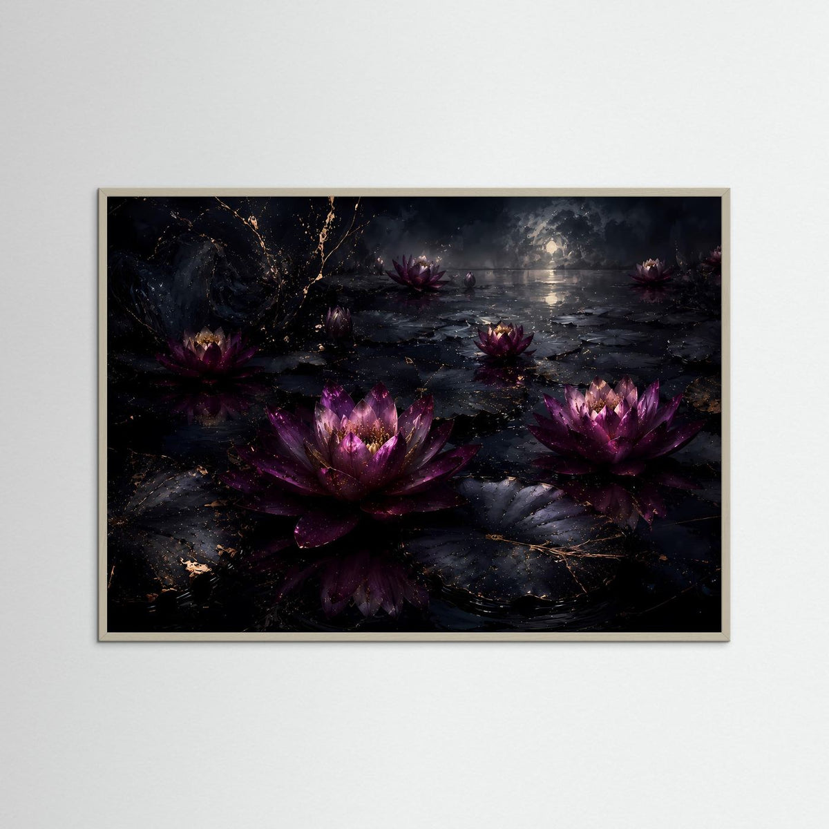 Seerosen-Wandbild mit violetten Blüten, dunkle Wasseroberfläche, grauer Rahmen