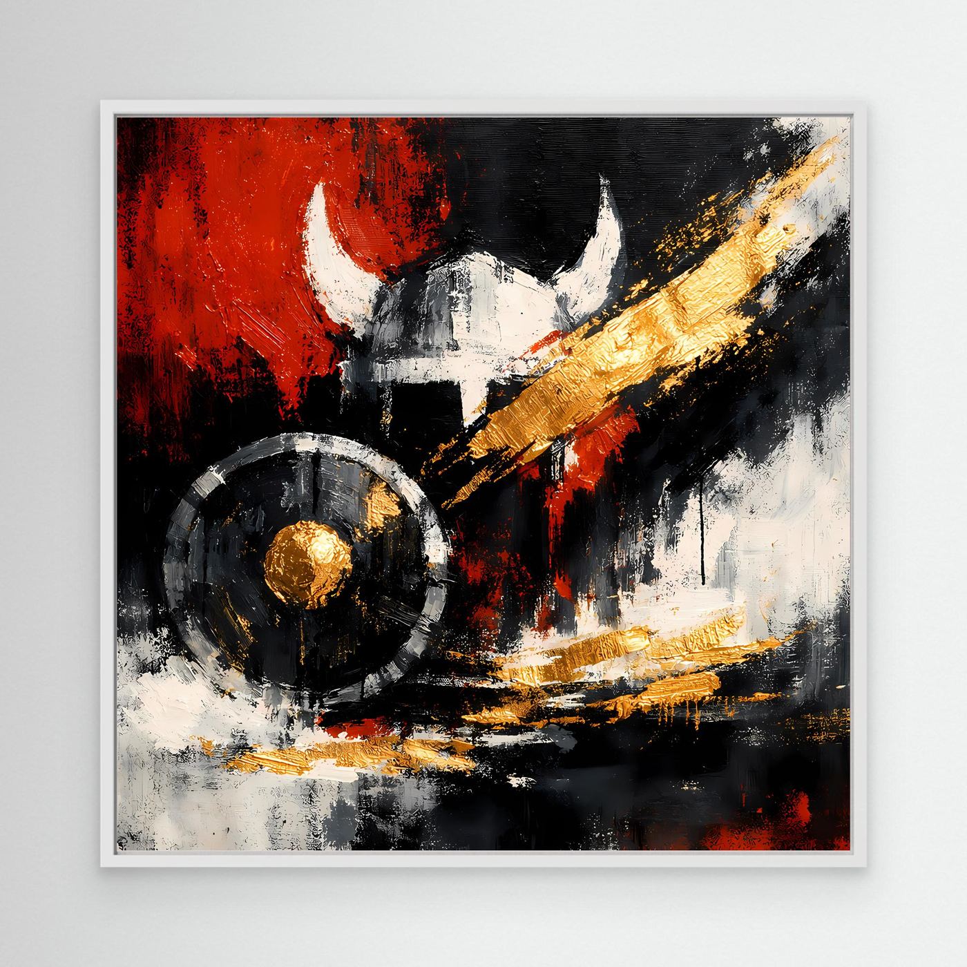 Leinwandbild mit Wikingerhelm und Schild im abstrakten Stil, weißer Rahmen