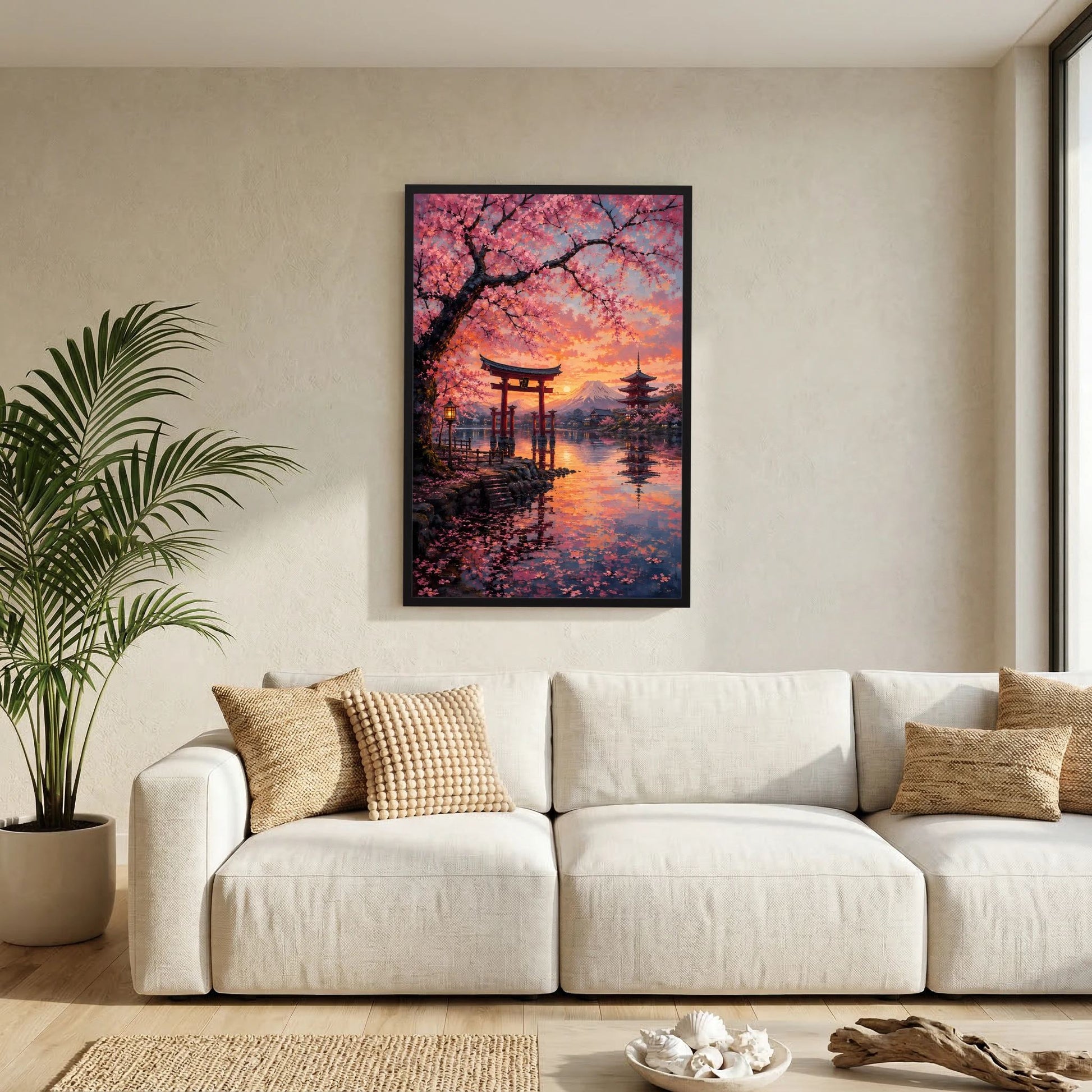 Hochformatiges Poster mit schwarzem Rahmen: Torii-Landschaft, Kirschblüten und Abendsonne.