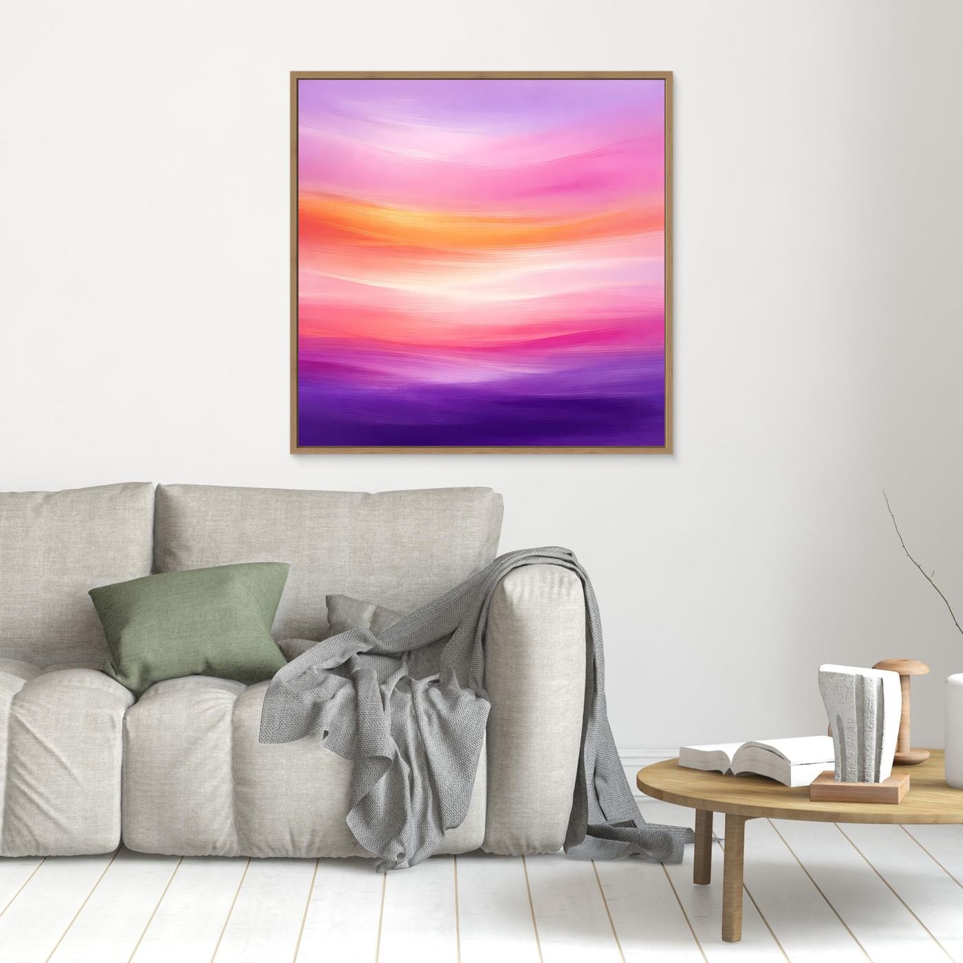 Gerahmtes Leinwandbild mit abstraktem Abendrot in Pink, Lila und Violett, horizontale Farbflächen