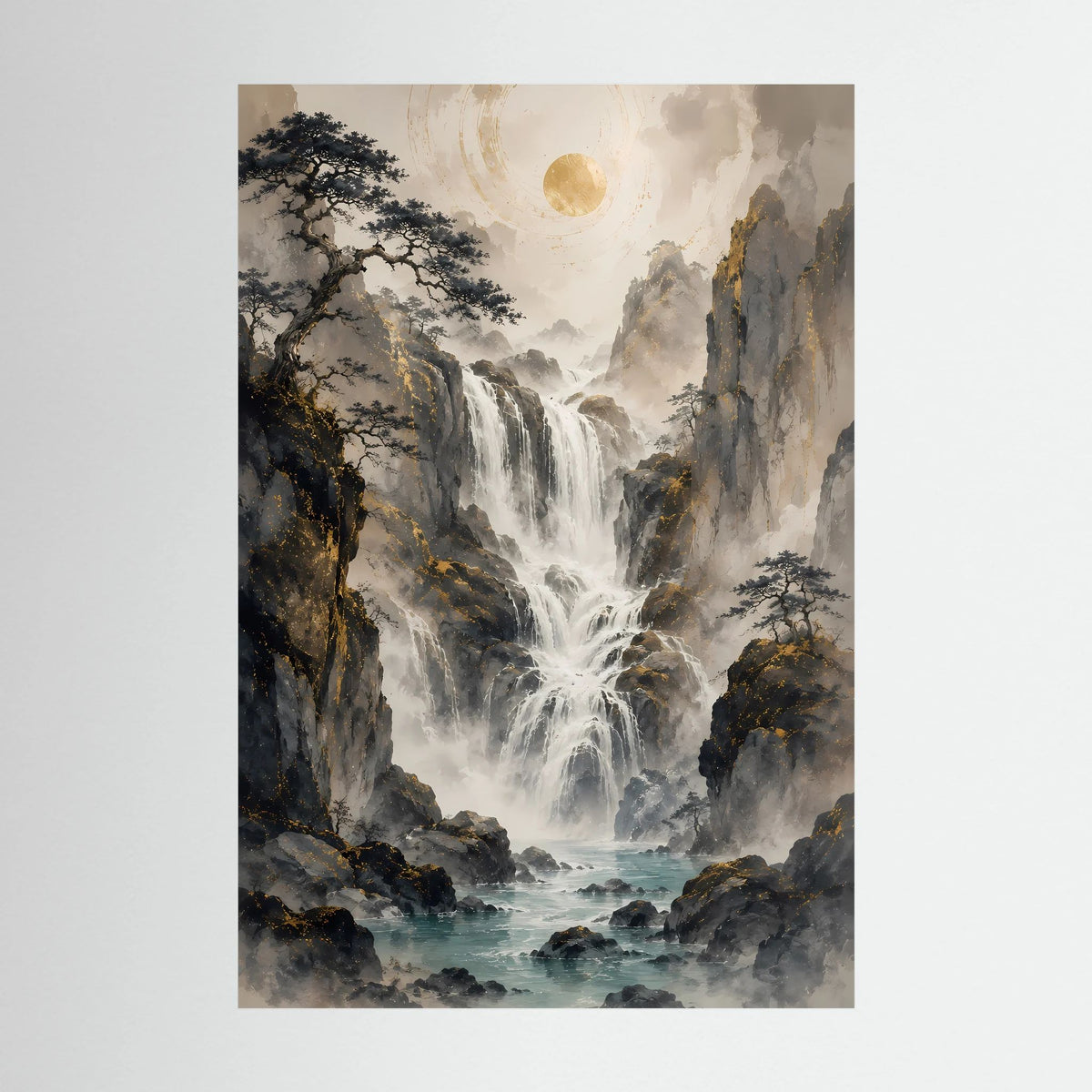 Hochformat-Poster mit Wasserfall in Berglandschaft, Grau-Schwarz, Creme-Gold