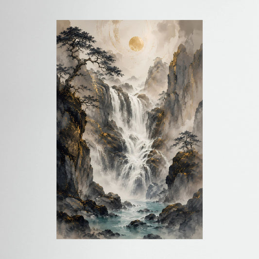 Hochformat-Poster mit Wasserfall in Berglandschaft, Grau-Schwarz, Creme-Gold