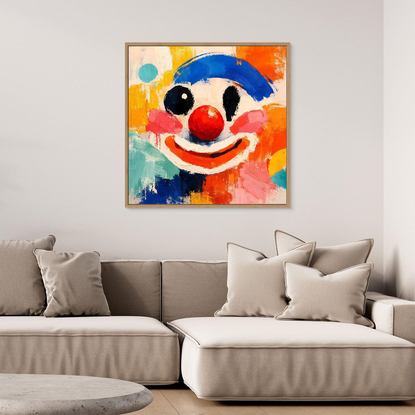 Abstraktes Leinwand-Wandbild mit Clown-Gesicht in Bunt, goldfarbener Rahmen
