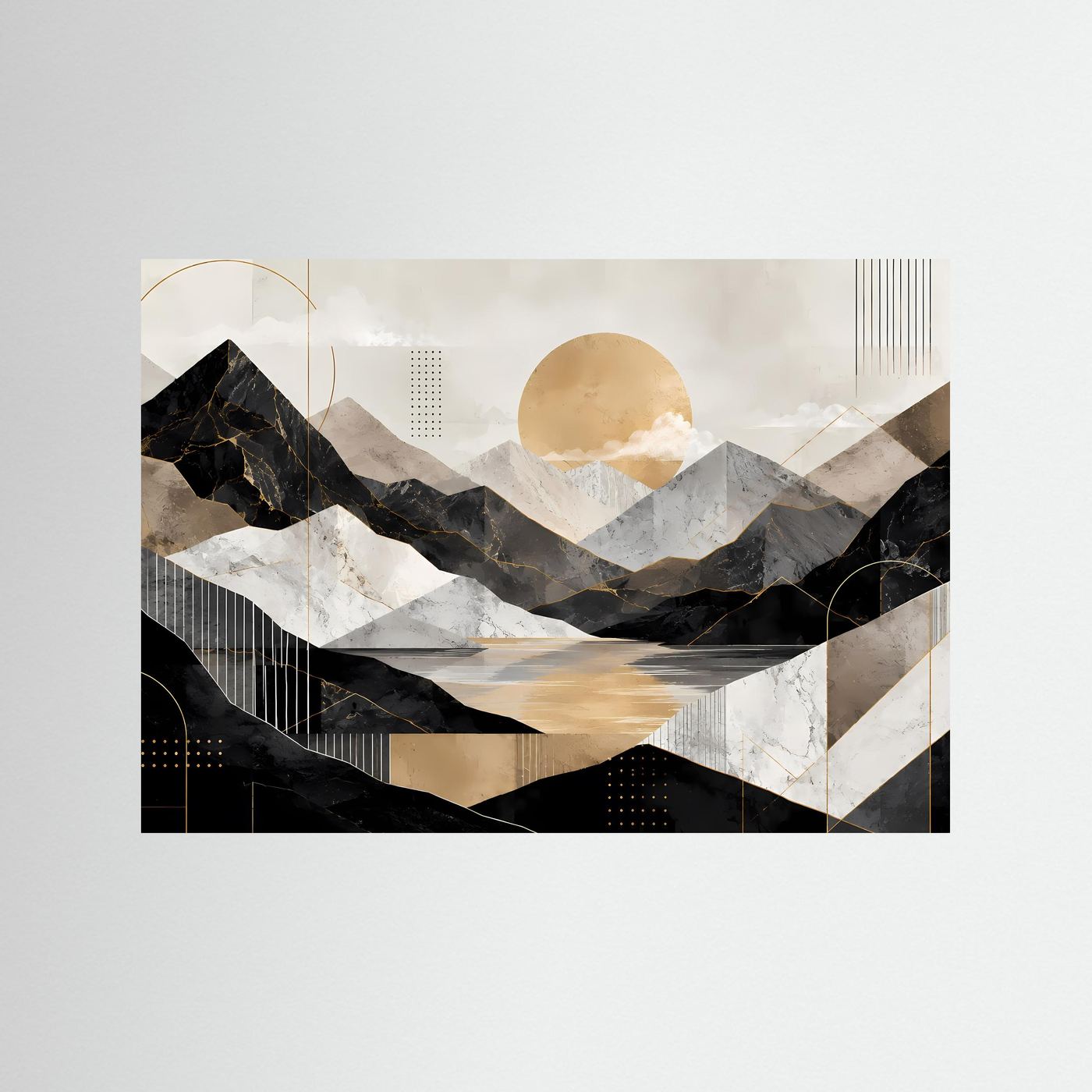 Abstraktes Poster mit Berglandschaft, See und goldener Sonne; schwarzer Rahmen.
