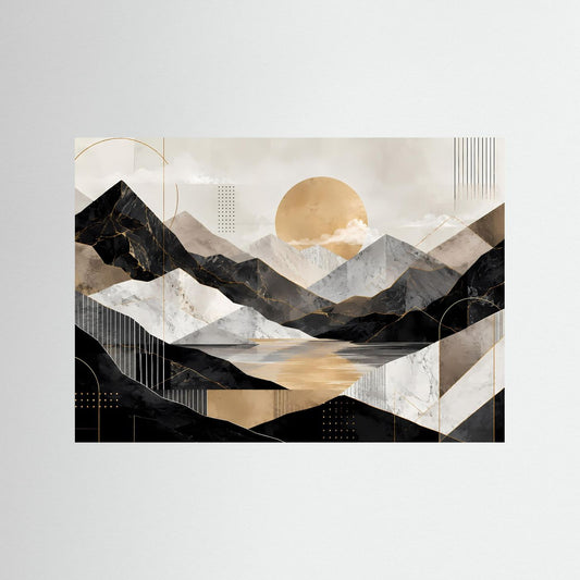 Abstraktes Poster mit Berglandschaft, See und goldener Sonne; schwarzer Rahmen.