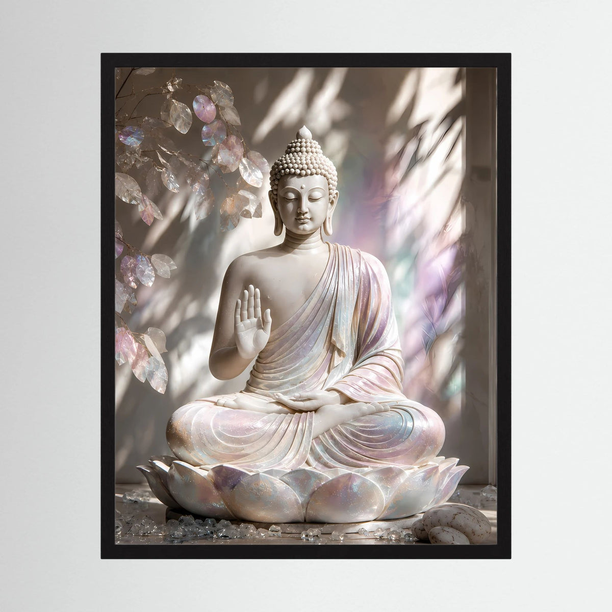 Gerahmter Poster-Druck mit Buddha auf Lotus, Creme-Rosa-Pastell, Hochformat