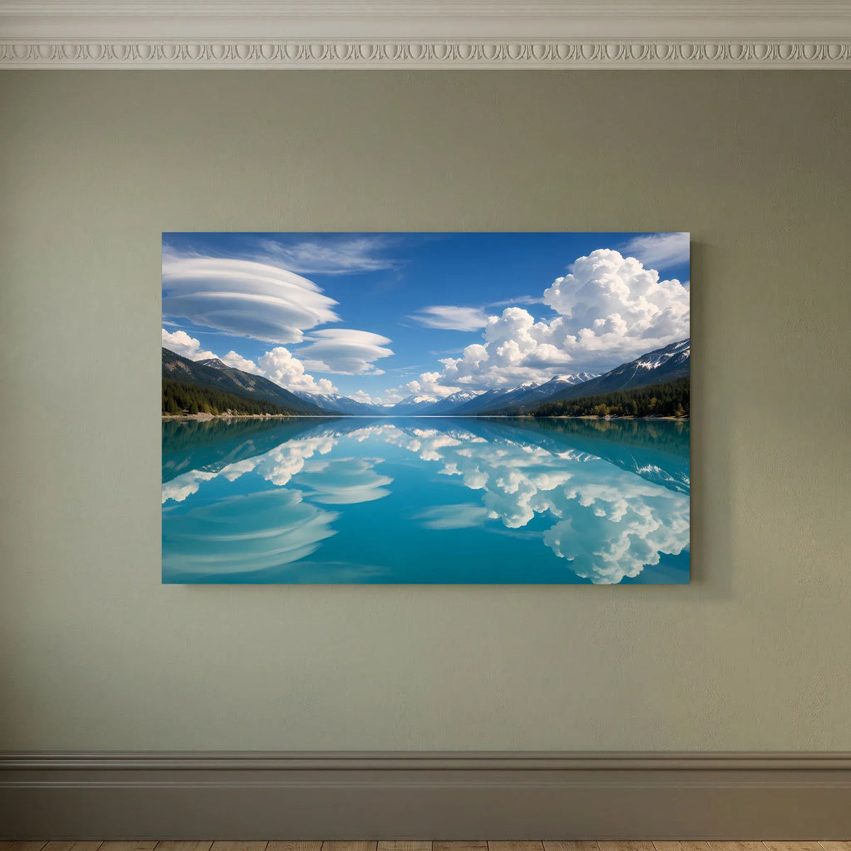 Wandbild im Querformat ohne Rahmen: Spiegelung im Alpensee, Berge und Wolken