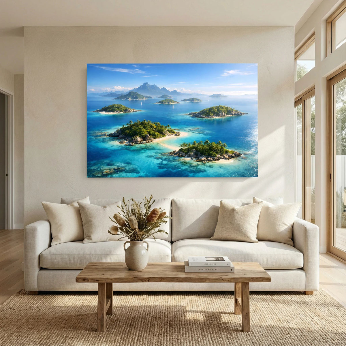 Querformat-Wandbild mit tropischen Inseln, türkisblauem Wasser und Sandstrandbuchten