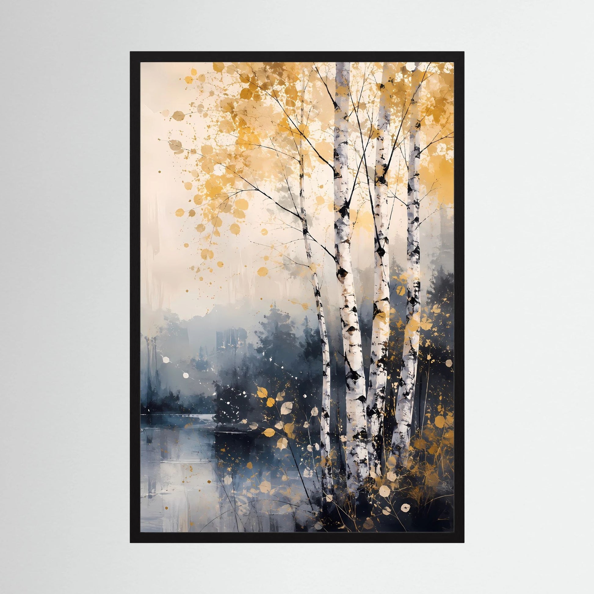 Hochformat-Poster mit abstrakten Birken am See, Goldsprenkel, schwarzer Rahmen