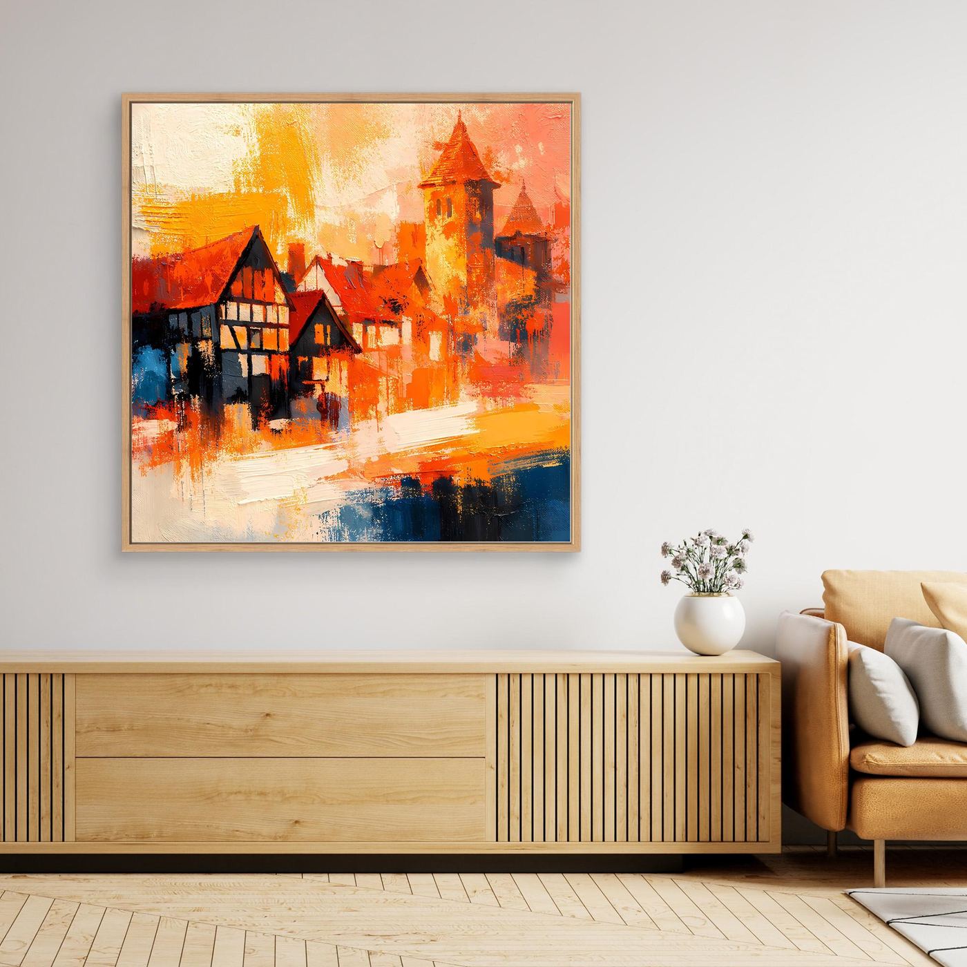 Premium Leinwand Romantische Altstadt im Farbenrausch | Modernes Fachwerk Wandbild abstrakt