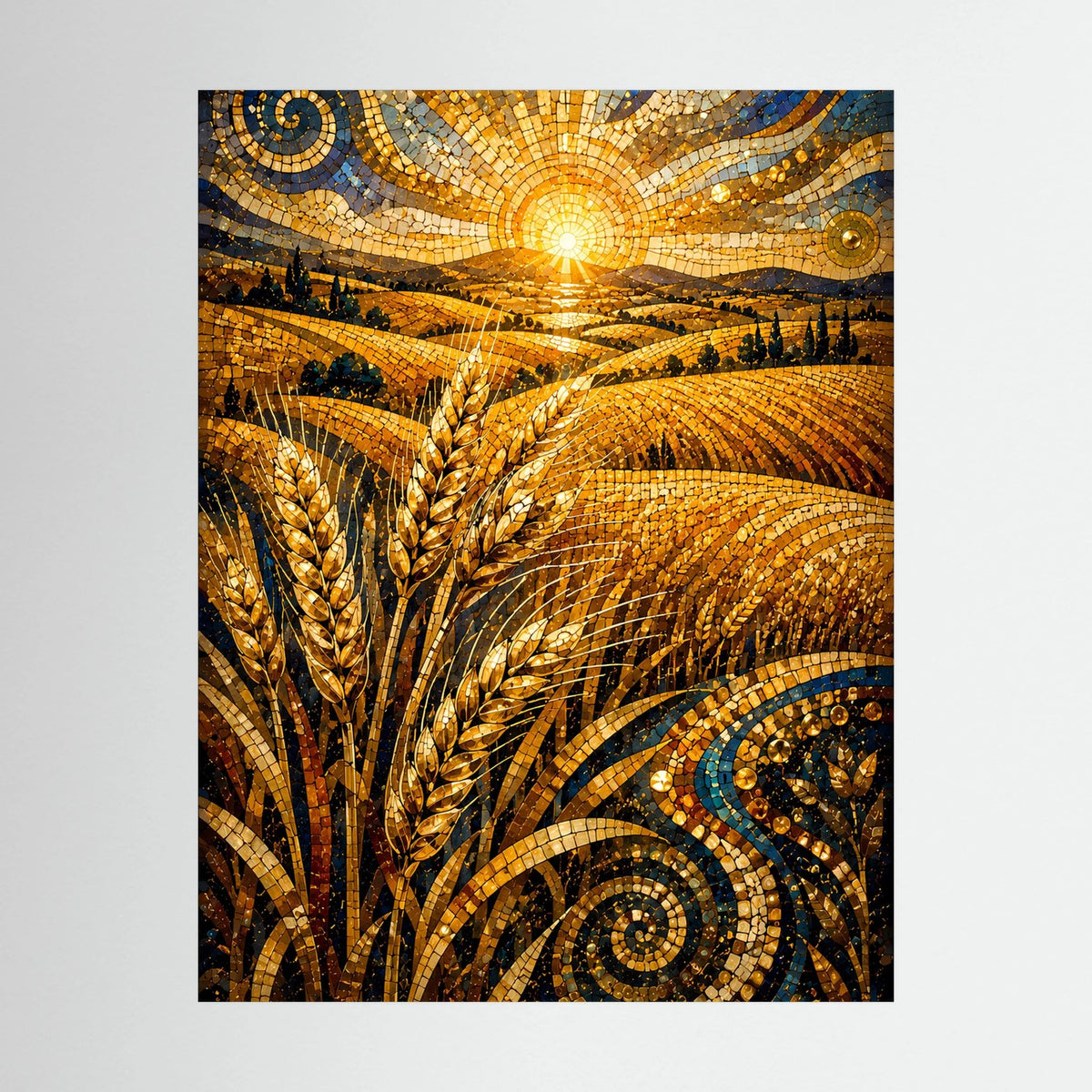Nahaufnahme: Poster mit goldenem Weizenfeld im Mosaik und leuchtender Sonne