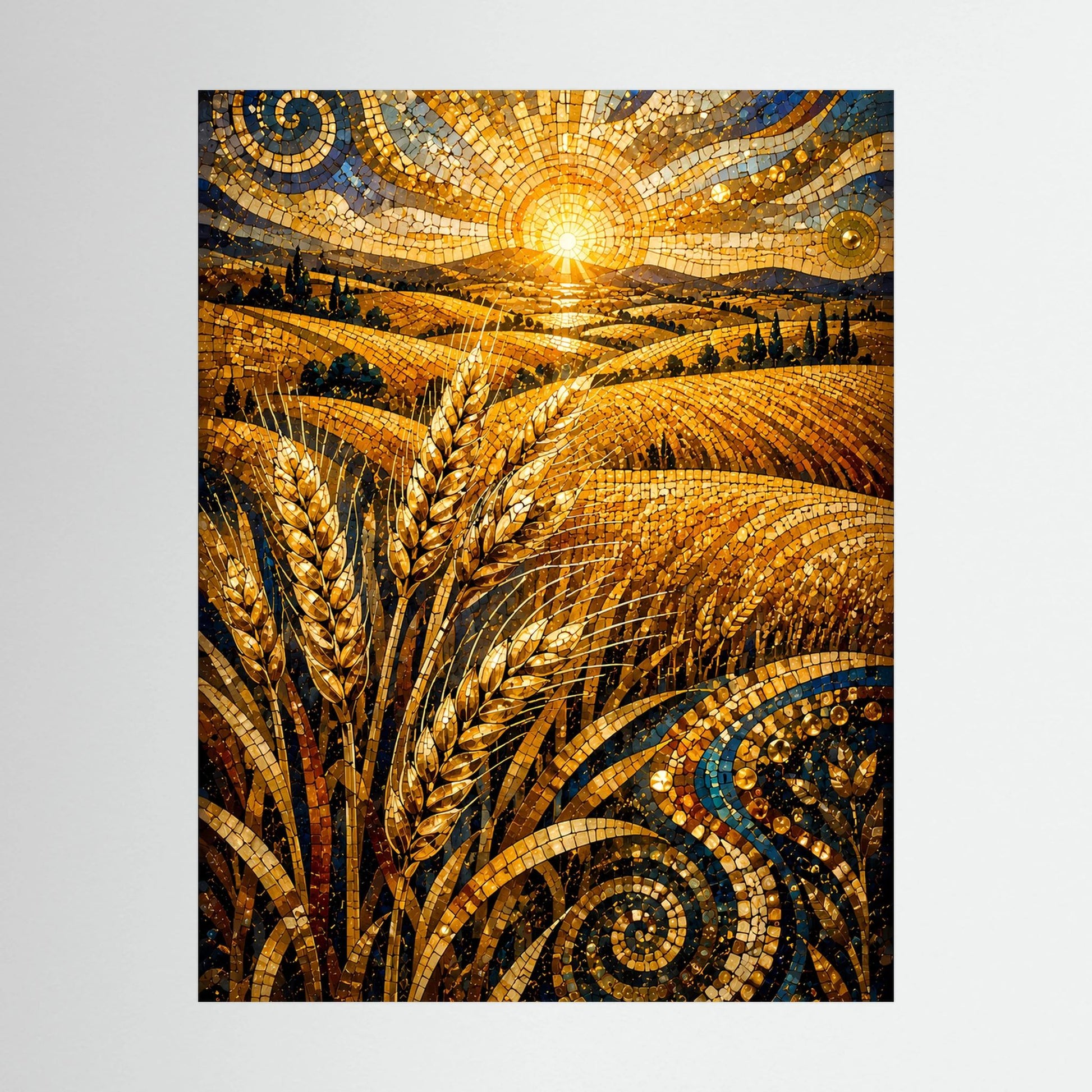 Nahaufnahme: Poster mit goldenem Weizenfeld im Mosaik und leuchtender Sonne