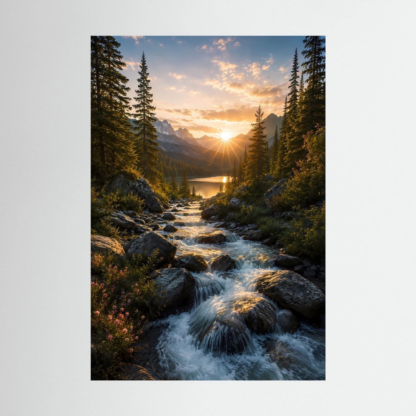 Hochformatiges Landschaftsposter ohne Rahmen: Fluss im Wald, Sonne über Bergtal
