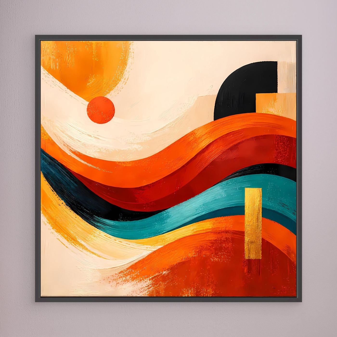 Abstraktes Leinwandbild mit Wellen und Dünen, Orange/Rot/Türkis, dunkler Rahmen