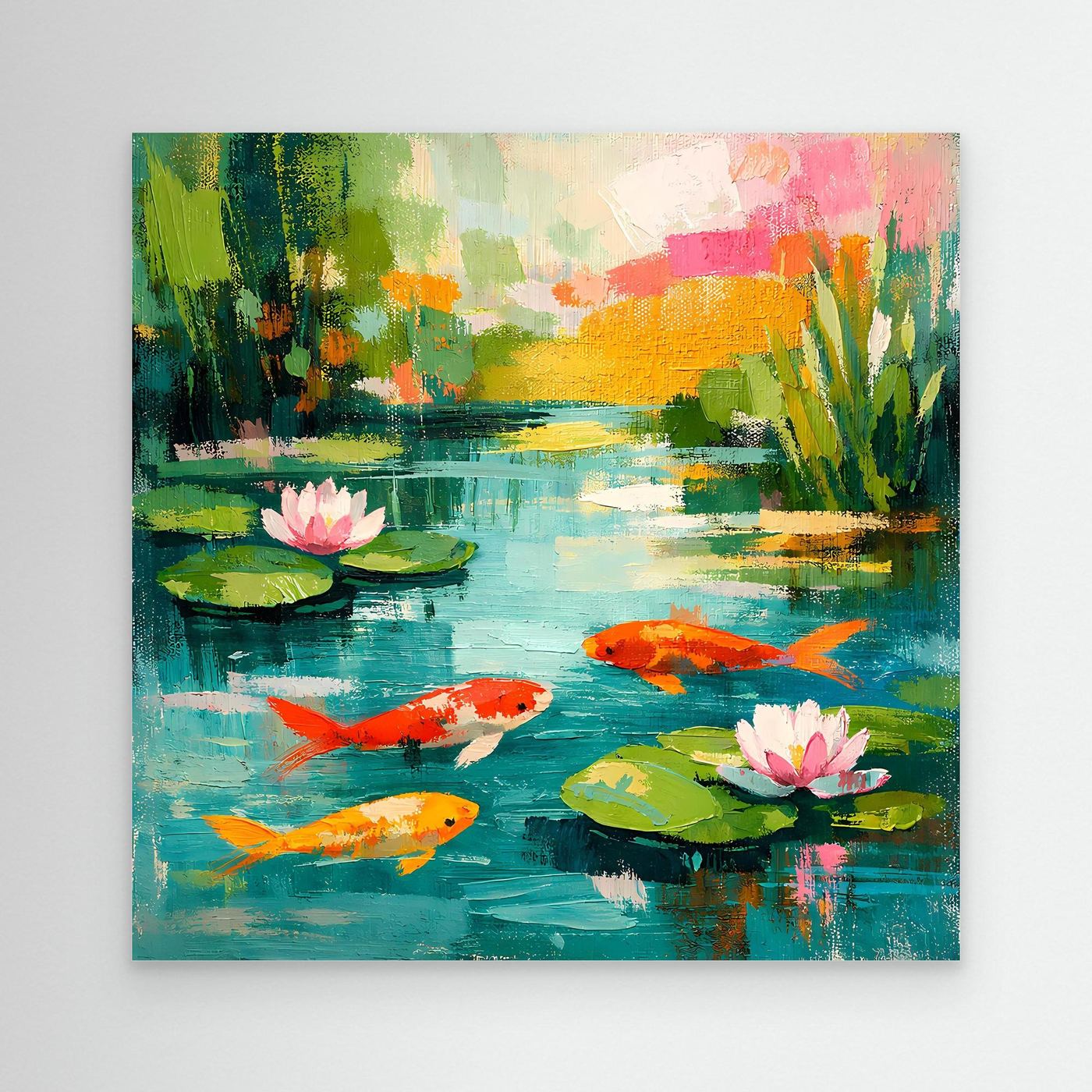 Canvas wall art of koi fish and pink water lilies on a teal pond, abstract scene