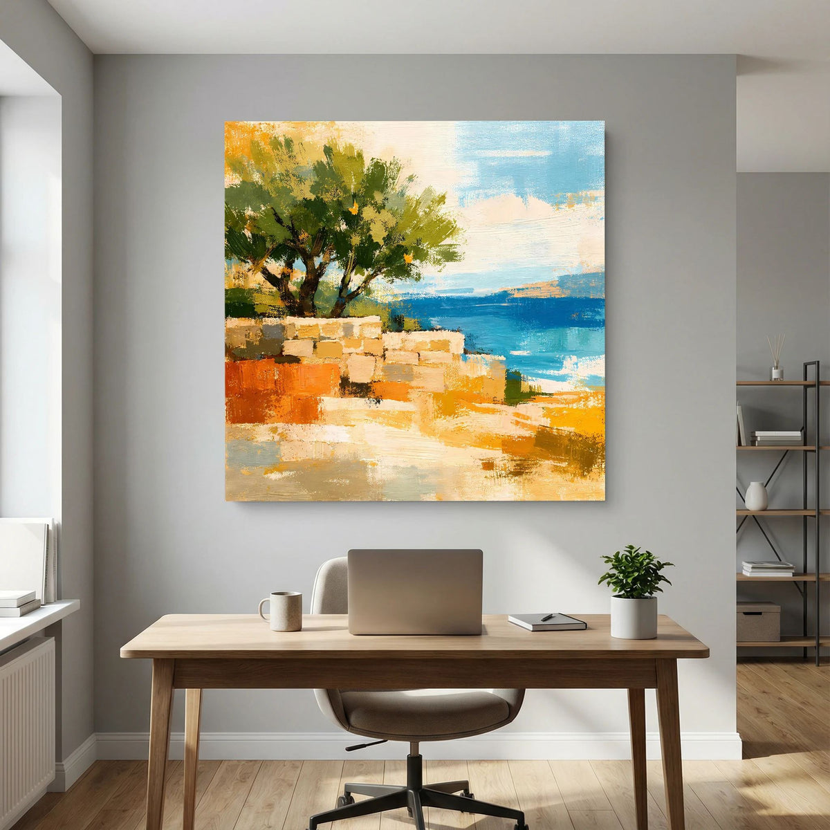 Abstraktes Leinwandbild mit Olivenbaum und Strandküste in Ocker und Blau