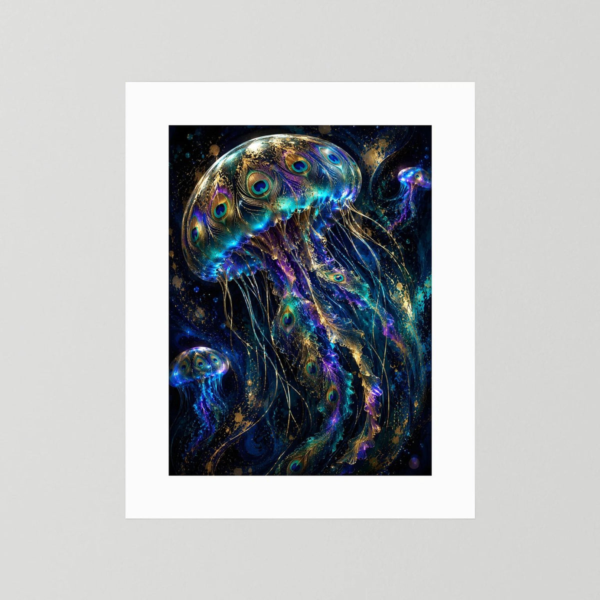 Quallenposter mit leuchtender Blau-Gold-Illustration und Pfauenaugen, weißer Rand