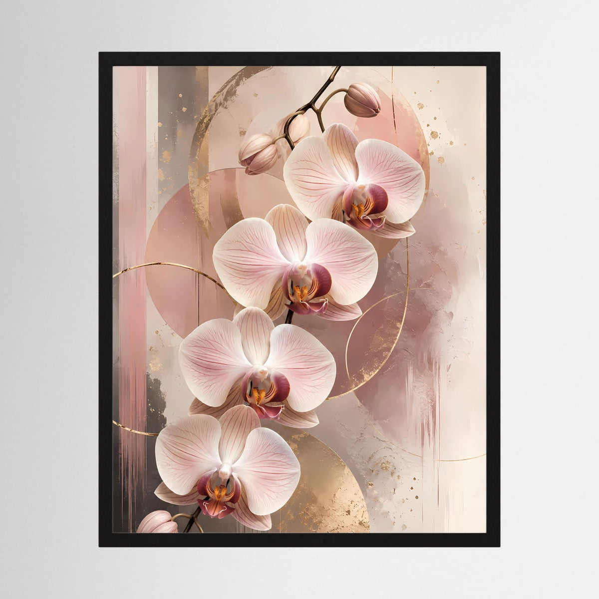 Gerahmtes Orchideen-Poster mit roséfarbenen Blüten und Goldakzenten