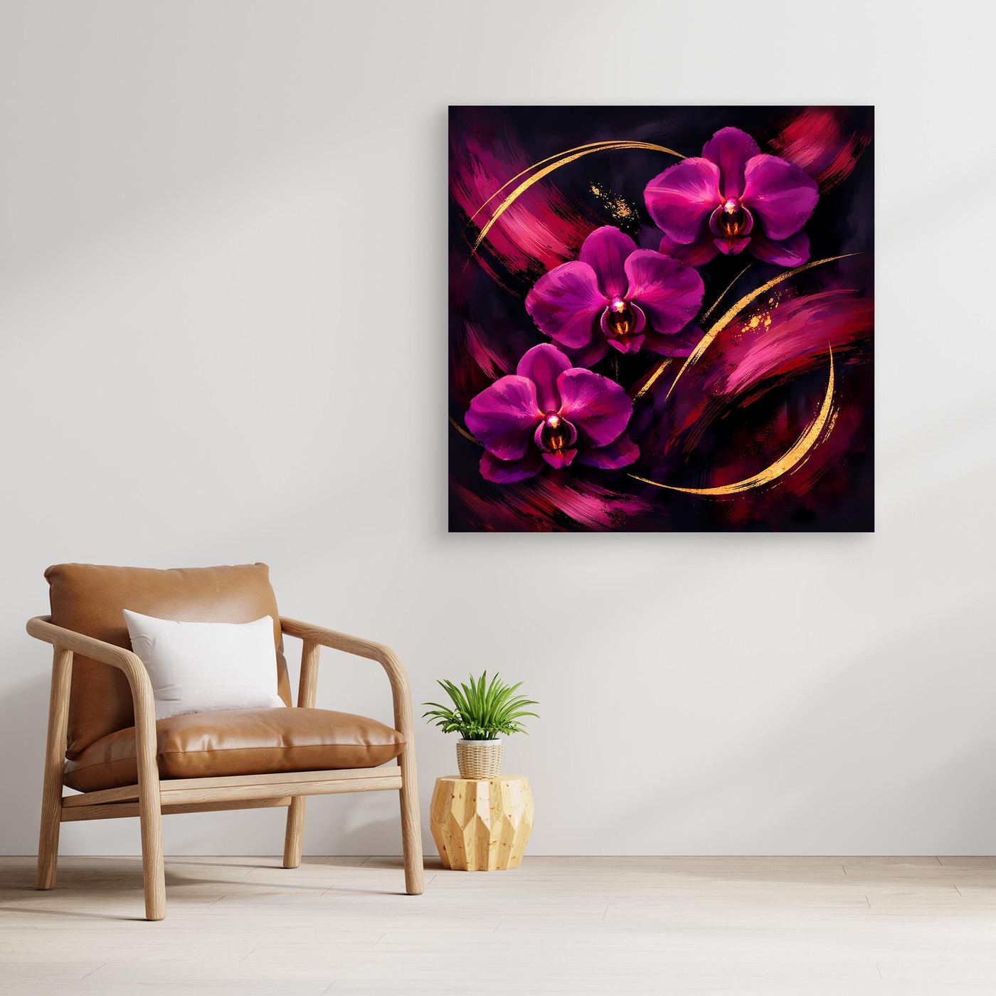 Leinwandbild mit magenta Orchideen und goldenen geschwungenen Linien auf dunklem, abstraktem Hintergrund