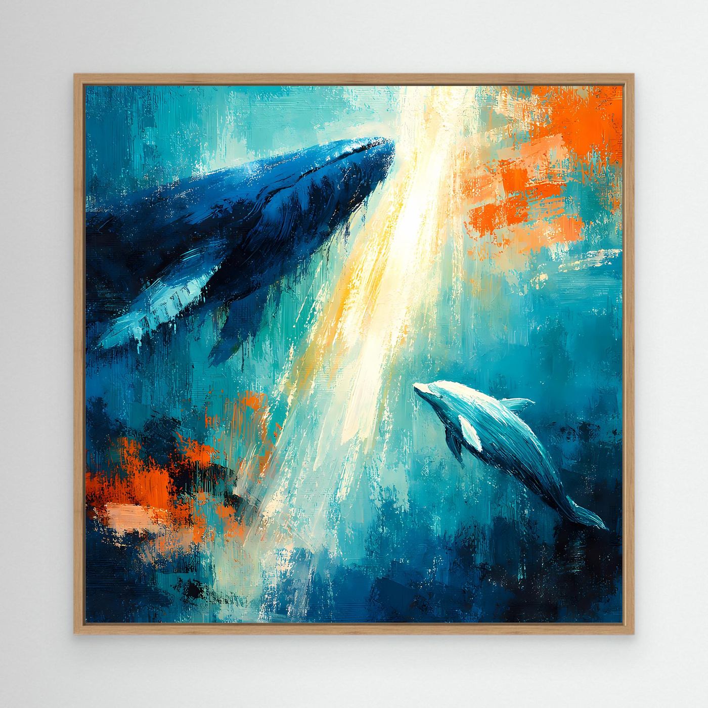 Leinwand Majestätischer Wal und Delfin im Lichtstrahl | Abstraktes Meeres Wandbild