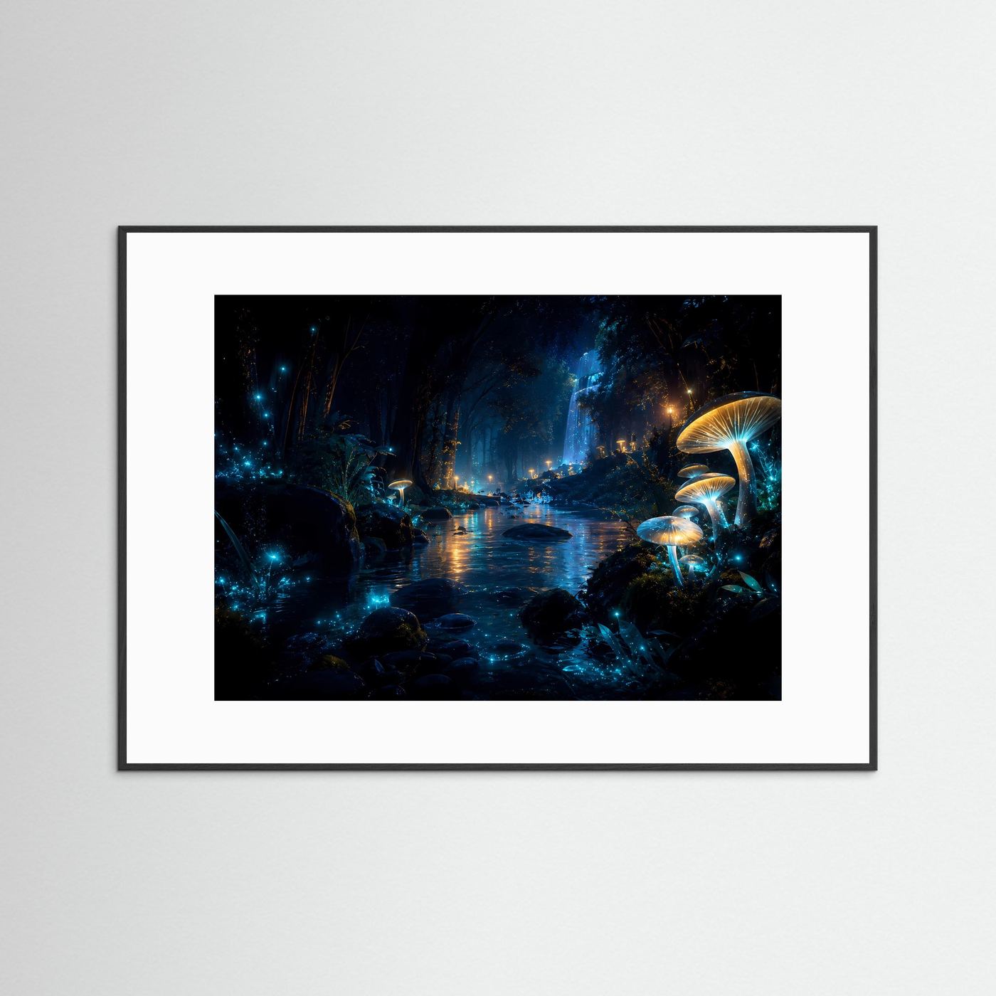 Magischer Nachtwald mit leuchtenden Pilzen | Mystischer Wasserfall in Blau & Gold