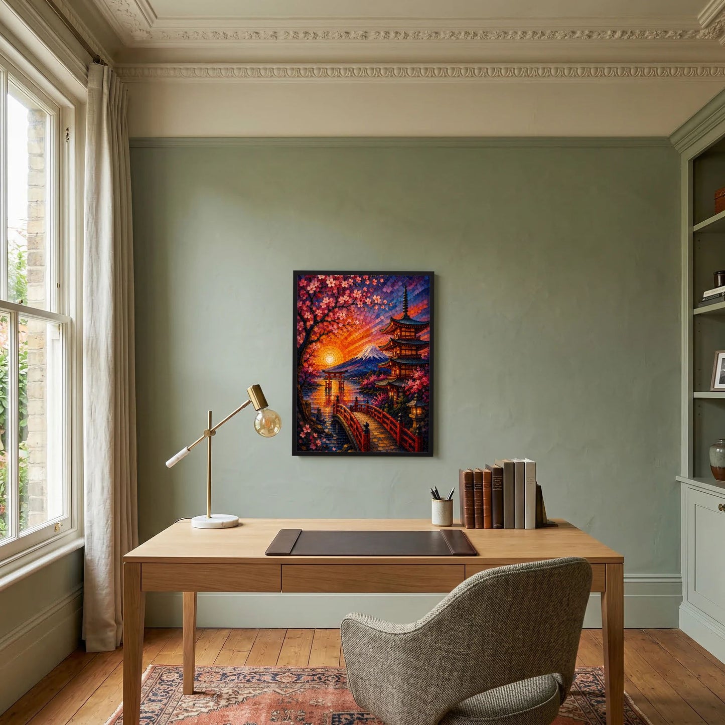 Wandposter im Hochformat mit Sakura, Pagode und Fuji bei Sonnenuntergang im schwarzen Rahmen