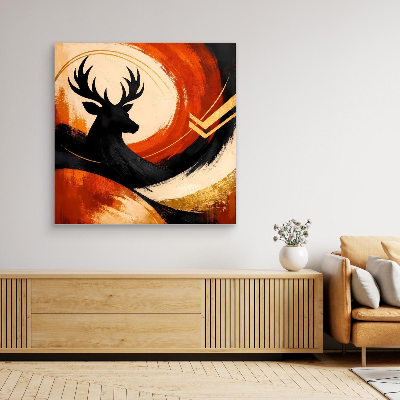 Leinwandbild mit Hirschsilhouette, orangefarbenem Mond, goldenen Streifen