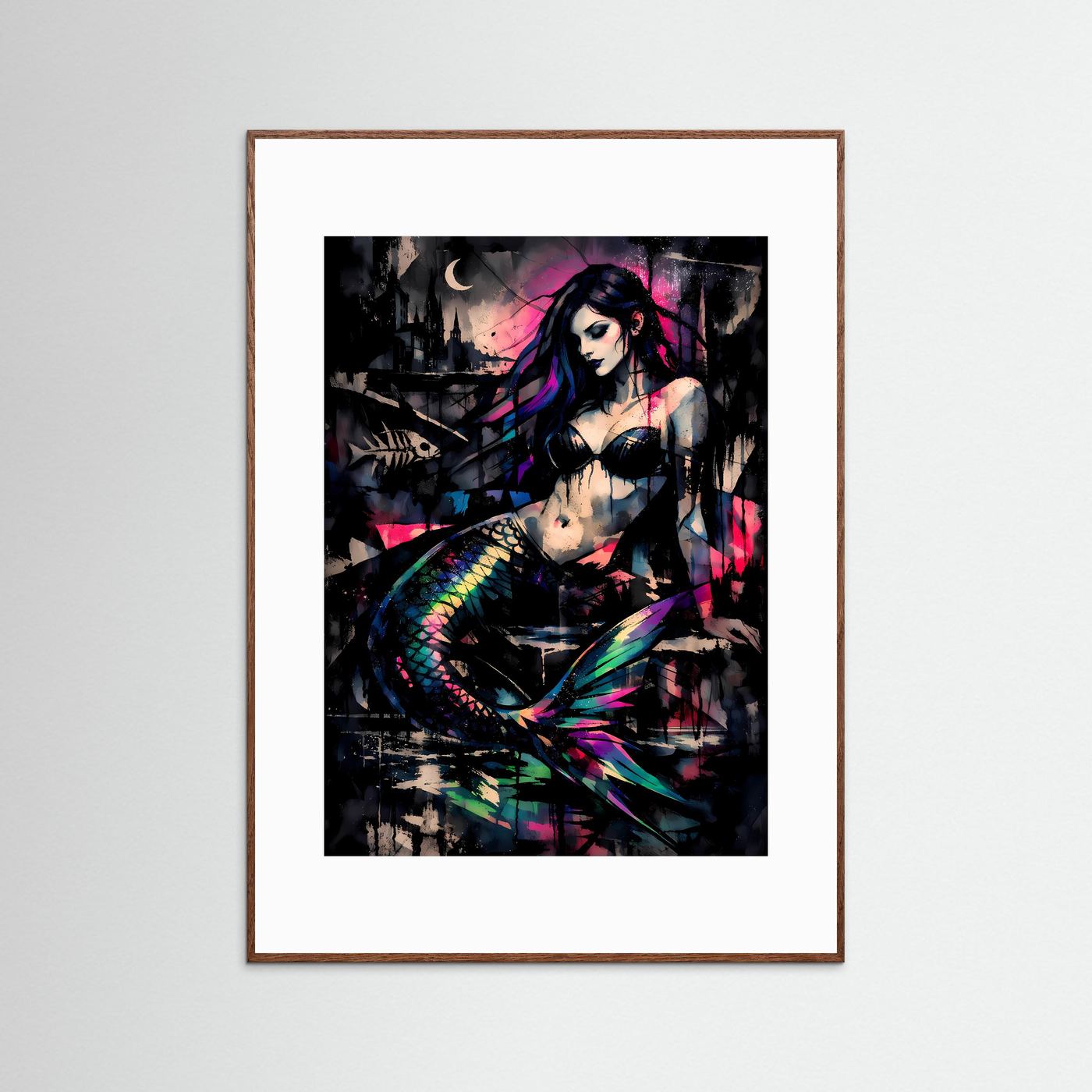 The Dark Mermaid | Luxuriöses Meerjungfrauen Poster Bunt & Schwarz | Abstraktes Sirenen Kunstposter Hochformat