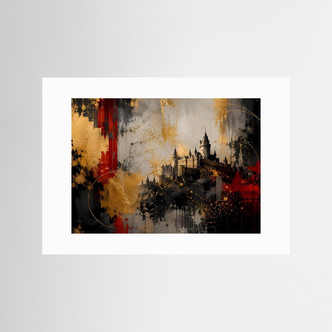 Poster mit Schlossmotiv, weißer Passepartout und farbigem Print, rot-gold-schwarz
