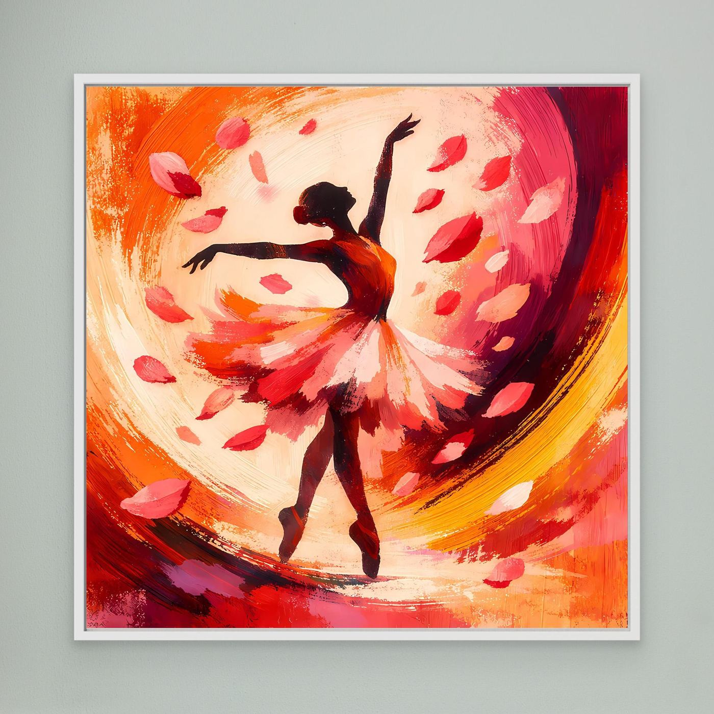 Gerahmtes Leinwandbild mit Ballerina in rotem Blütenwirbel mit Blütenblättern