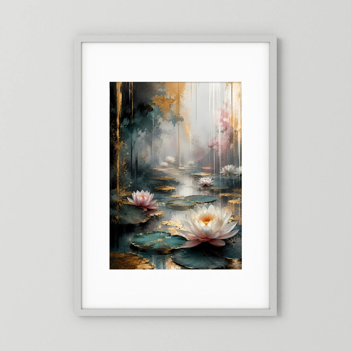 Poster im Hochformat mit abstrakten Wasserlilien in Weiß und Rosa, weißer Rahmen