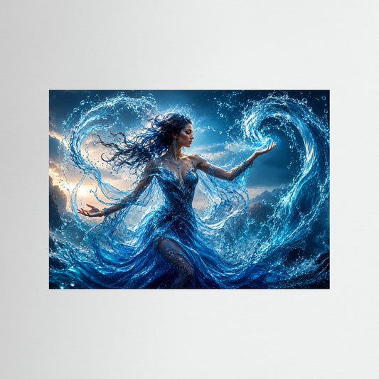 Fantasy-Wandbild: Wassermagierin mit blauem Gewand, Wasserwirbel und leuchtender Handgeste