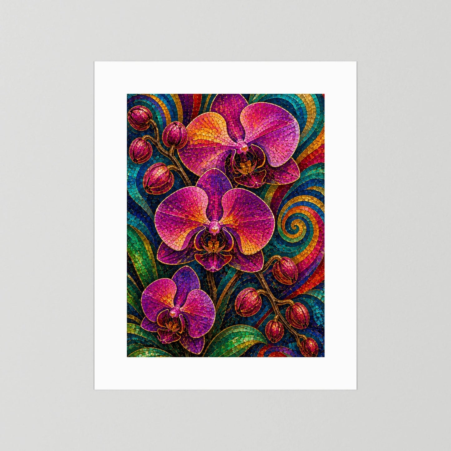 Orchideen-Mosaikposter mit violetten Orchideen, weißer Rand ohne sichtbaren Rahmen