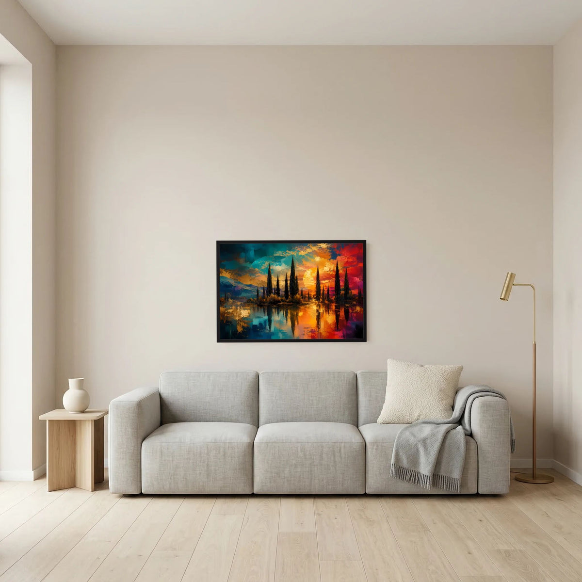 Abstraktes Zypressen-Landschafts-Poster mit Sonnenuntergang, schwarzer Rahmen im Querformat
