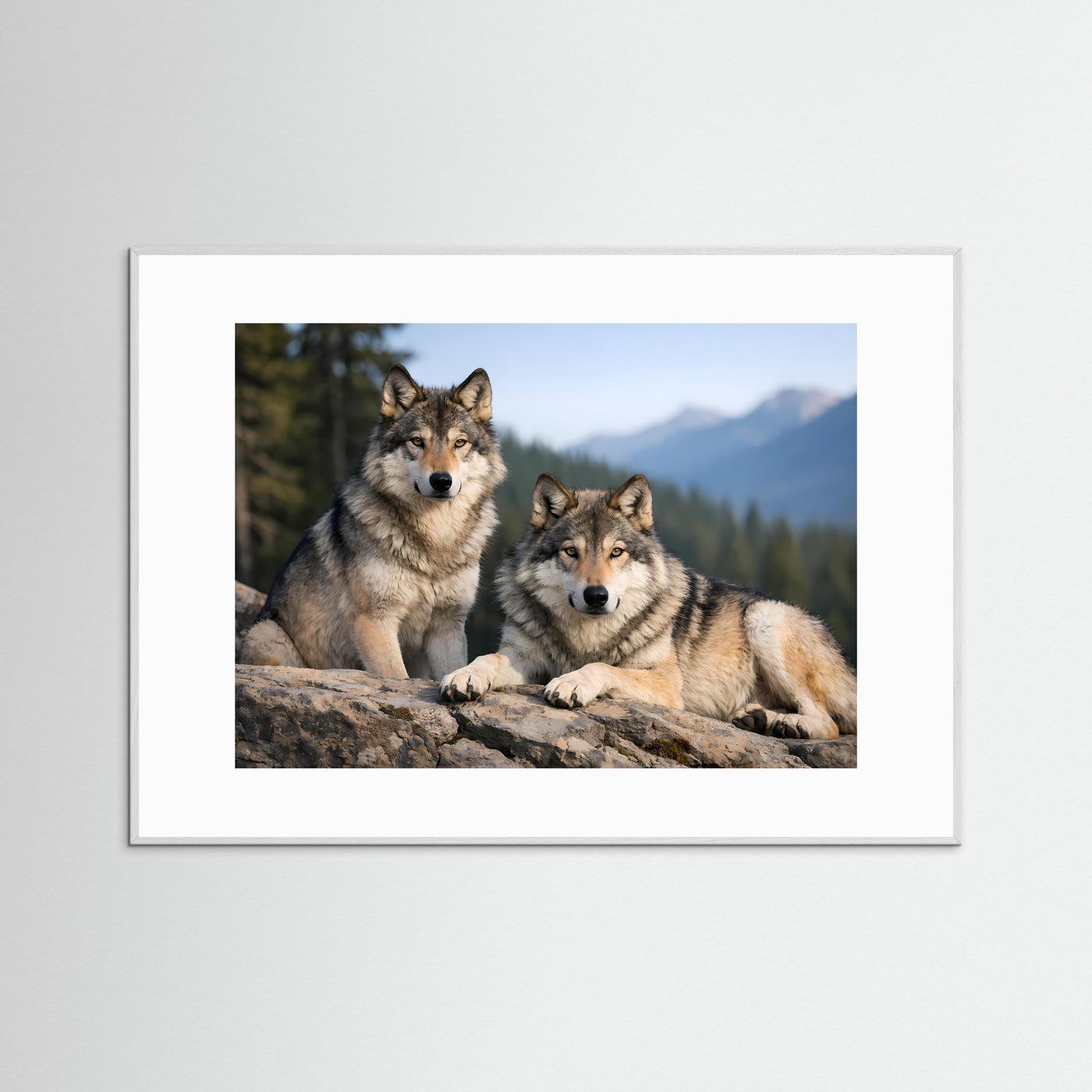 Poster mit Wolfspaar im Gebirge, querformatig, im grauen Holzrahmen.