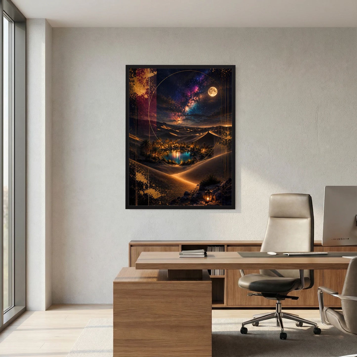 Hochformatiges Poster: mondbeschienene Dünen, Oase im Tal und schimmernde Himmelwolken